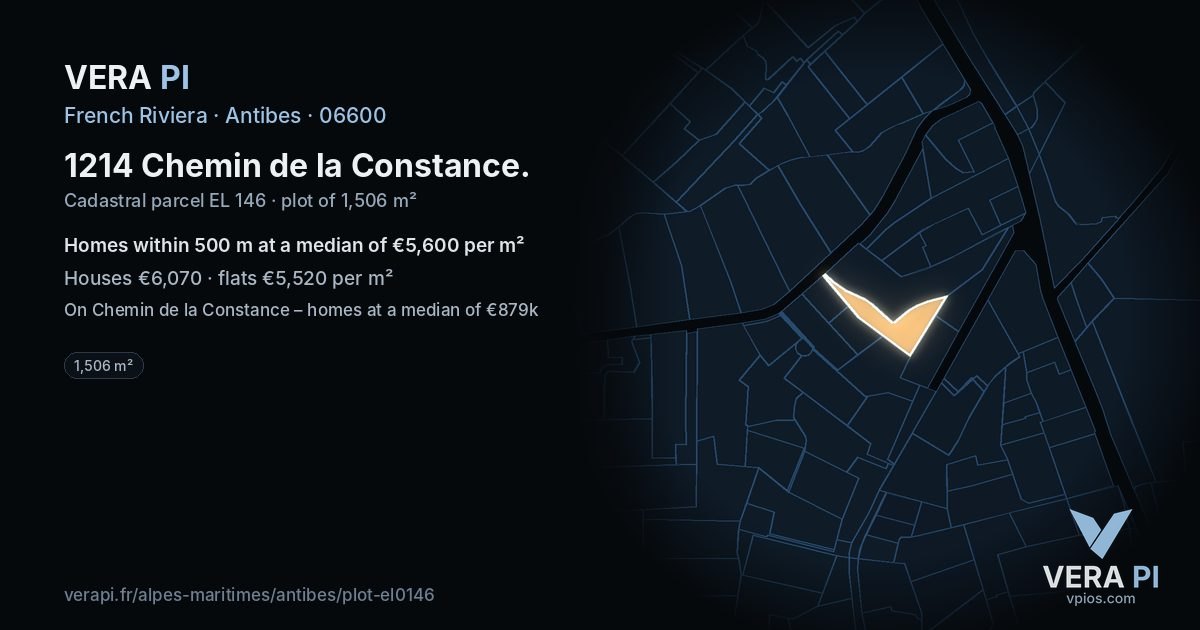 1214 Chemin de la Constance, Antibes at night – the plot lit, the parcels around coloured by the prices near them