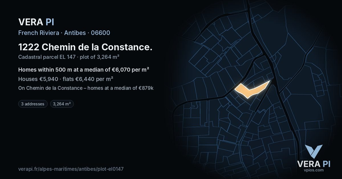 1222 Chemin de la Constance, Antibes at night – the plot lit, the parcels around coloured by the prices near them