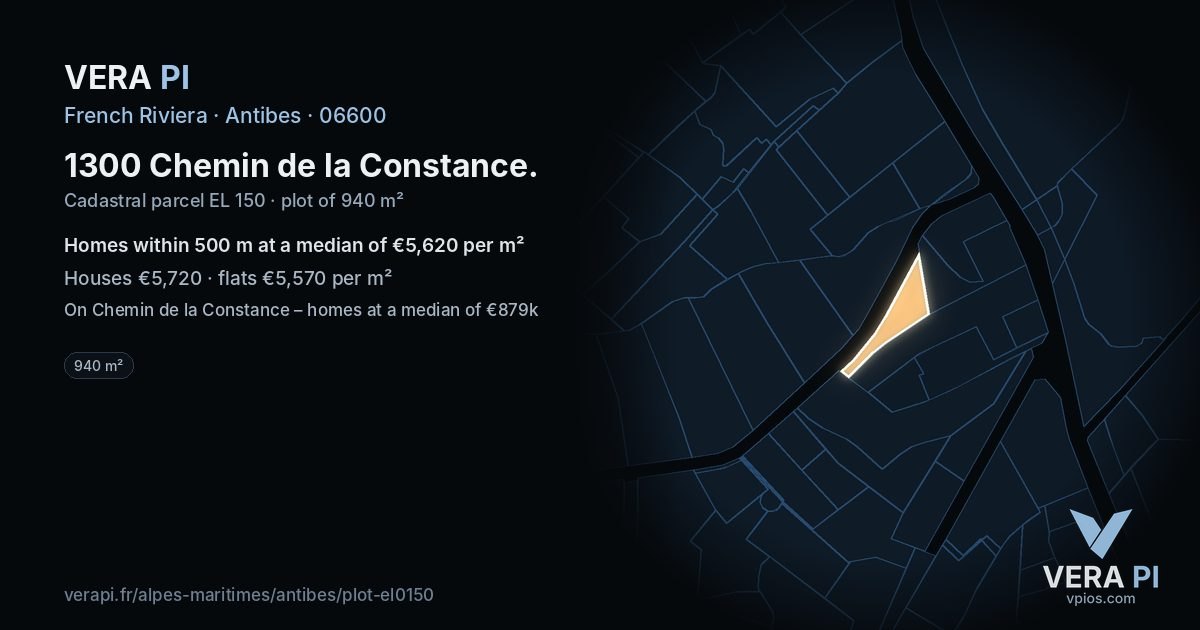 1300 Chemin de la Constance, Antibes at night – the plot lit, the parcels around coloured by the prices near them