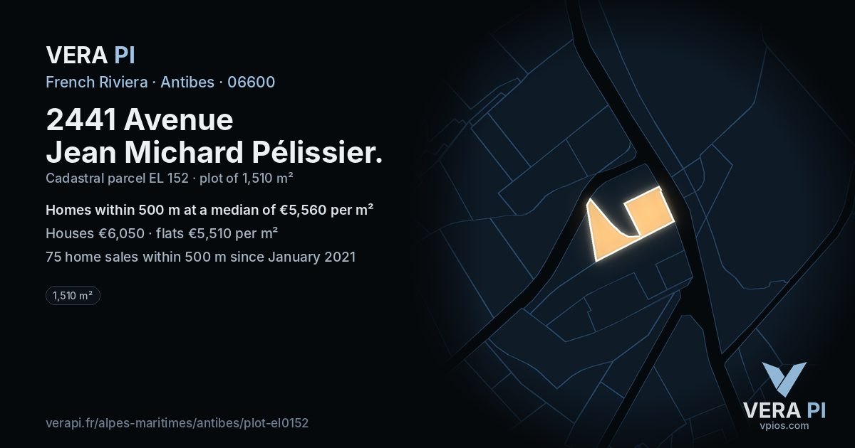 2441 Avenue Jean Michard Pélissier, Antibes at night – the plot lit, the parcels around coloured by the prices near them