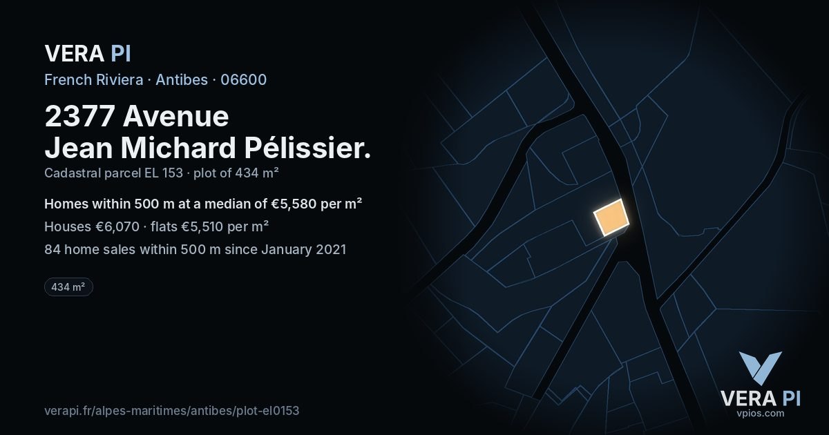 2377 Avenue Jean Michard Pélissier, Antibes at night – the plot lit, the parcels around coloured by the prices near them