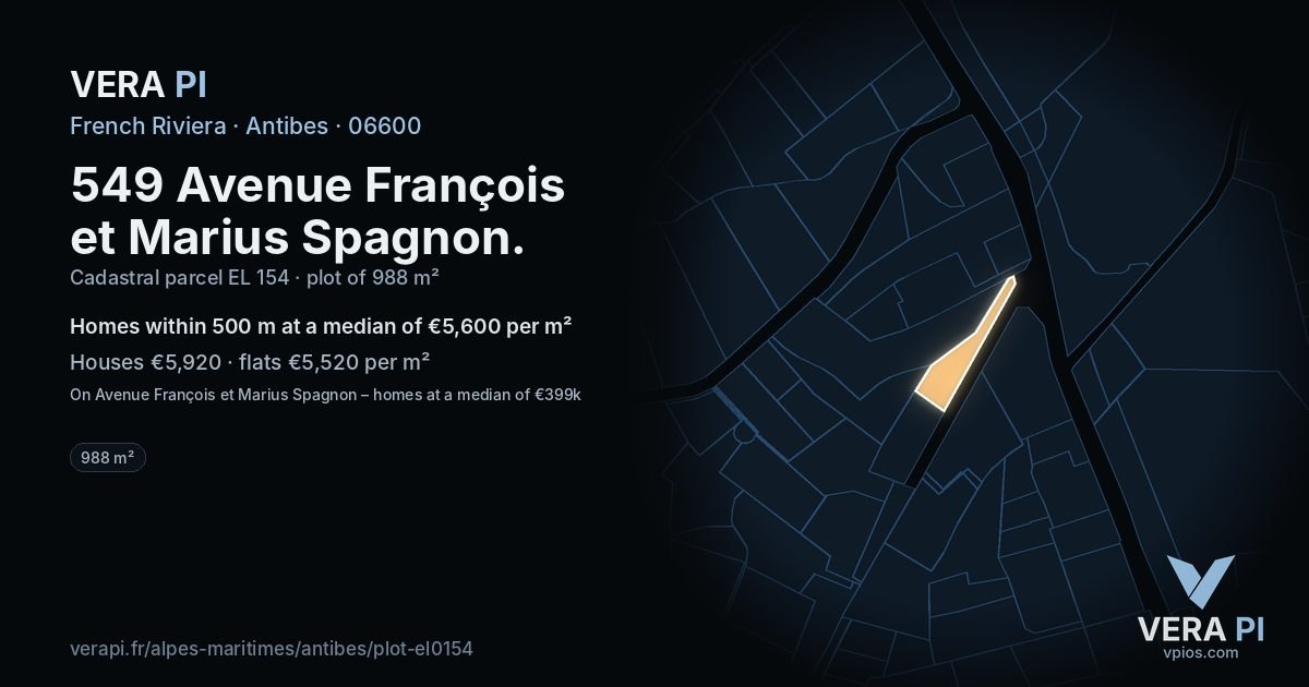 549 Avenue François et Marius Spagnon, Antibes at night – the plot lit, the parcels around coloured by the prices near them