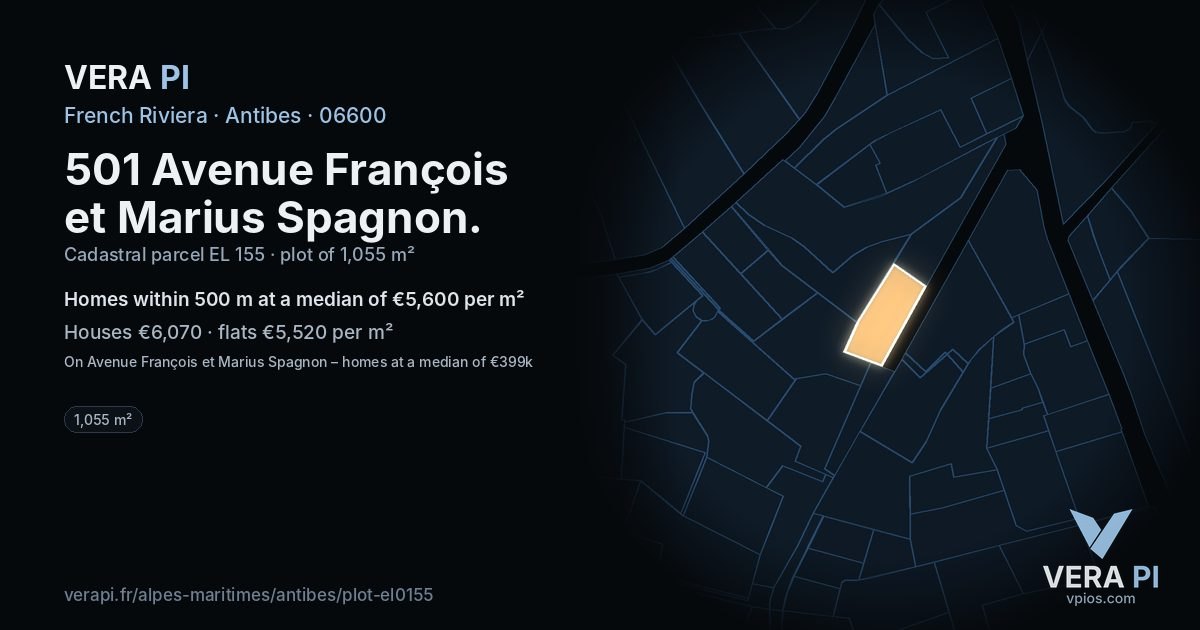 501 Avenue François et Marius Spagnon, Antibes at night – the plot lit, the parcels around coloured by the prices near them