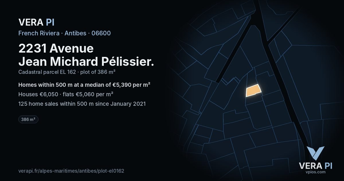 2231 Avenue Jean Michard Pélissier, Antibes at night – the plot lit, the parcels around coloured by the prices near them