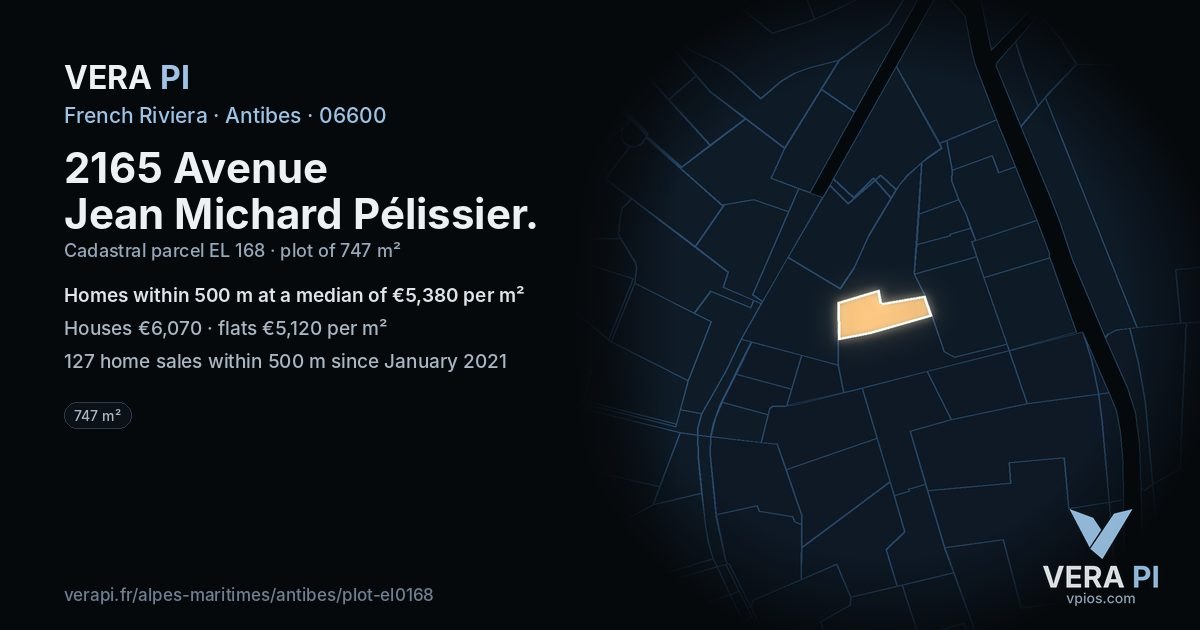 2165 Avenue Jean Michard Pélissier, Antibes at night – the plot lit, the parcels around coloured by the prices near them