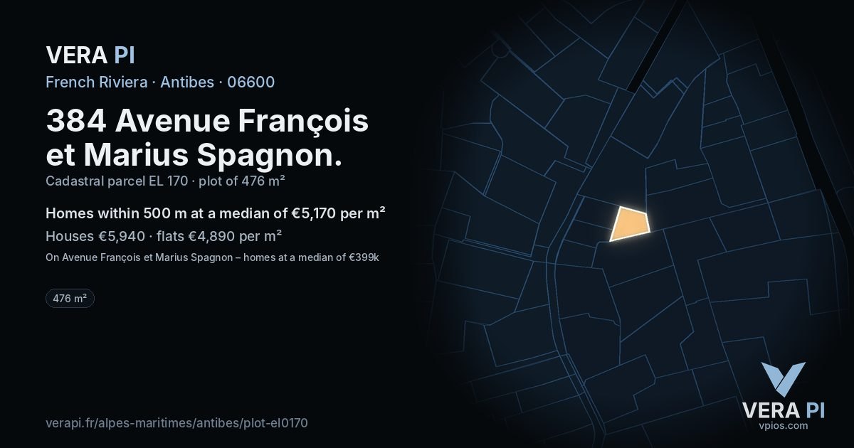 384 Avenue François et Marius Spagnon, Antibes at night – the plot lit, the parcels around coloured by the prices near them