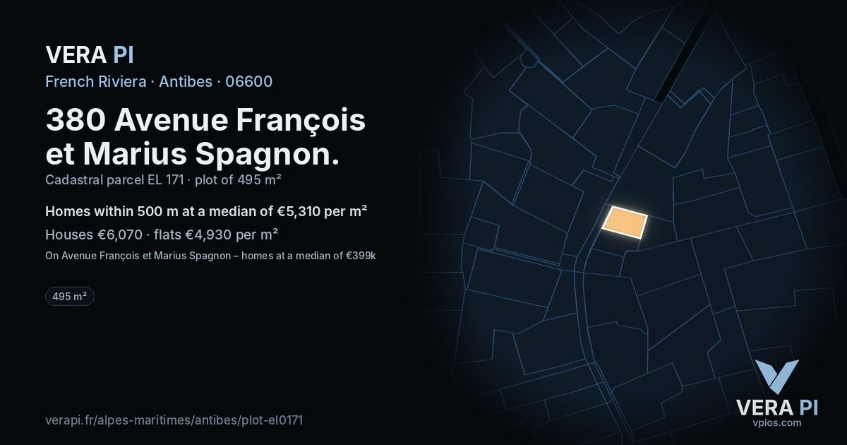 380 Avenue François et Marius Spagnon, Antibes at night – the plot lit, the parcels around coloured by the prices near them
