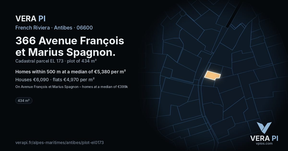 366 Avenue François et Marius Spagnon, Antibes at night – the plot lit, the parcels around coloured by the prices near them