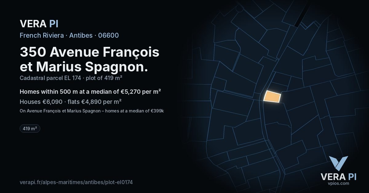 350 Avenue François et Marius Spagnon, Antibes at night – the plot lit, the parcels around coloured by the prices near them