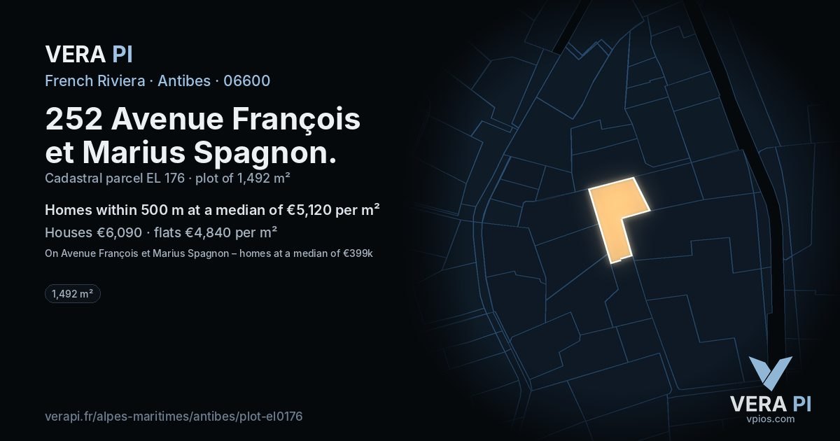 252 Avenue François et Marius Spagnon, Antibes at night – the plot lit, the parcels around coloured by the prices near them