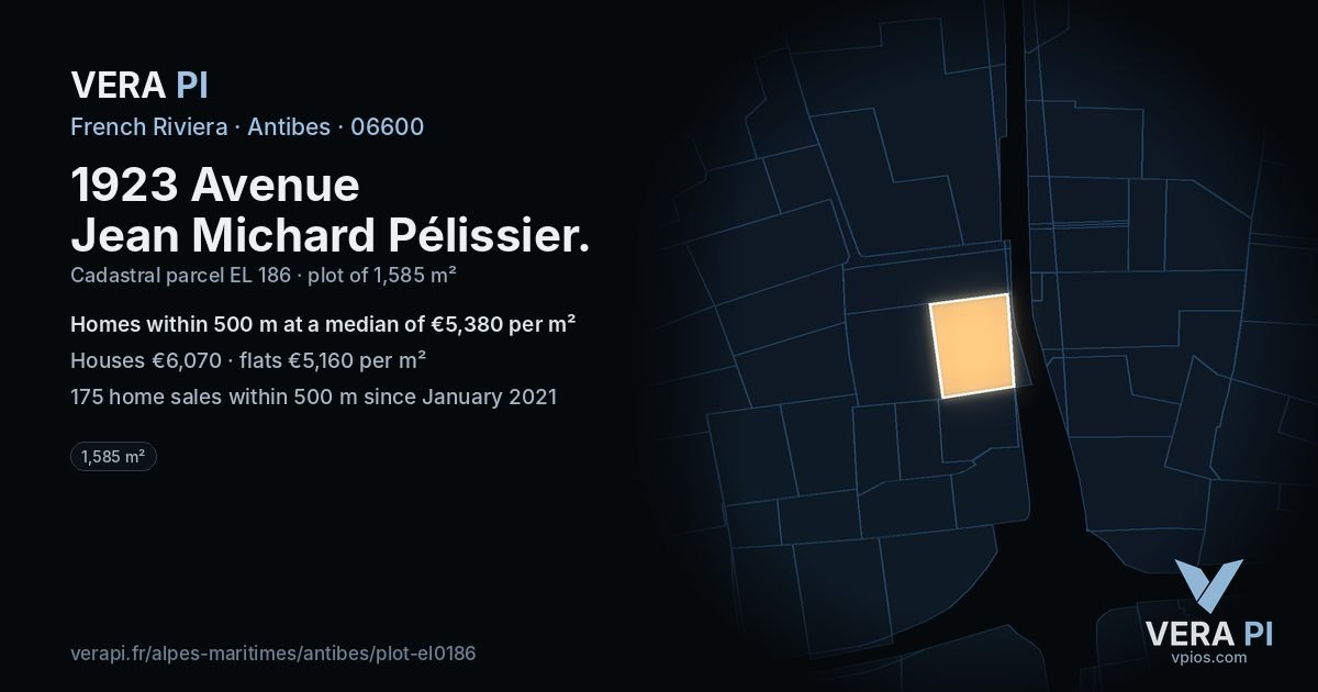 1923 Avenue Jean Michard Pélissier, Antibes at night – the plot lit, the parcels around coloured by the prices near them