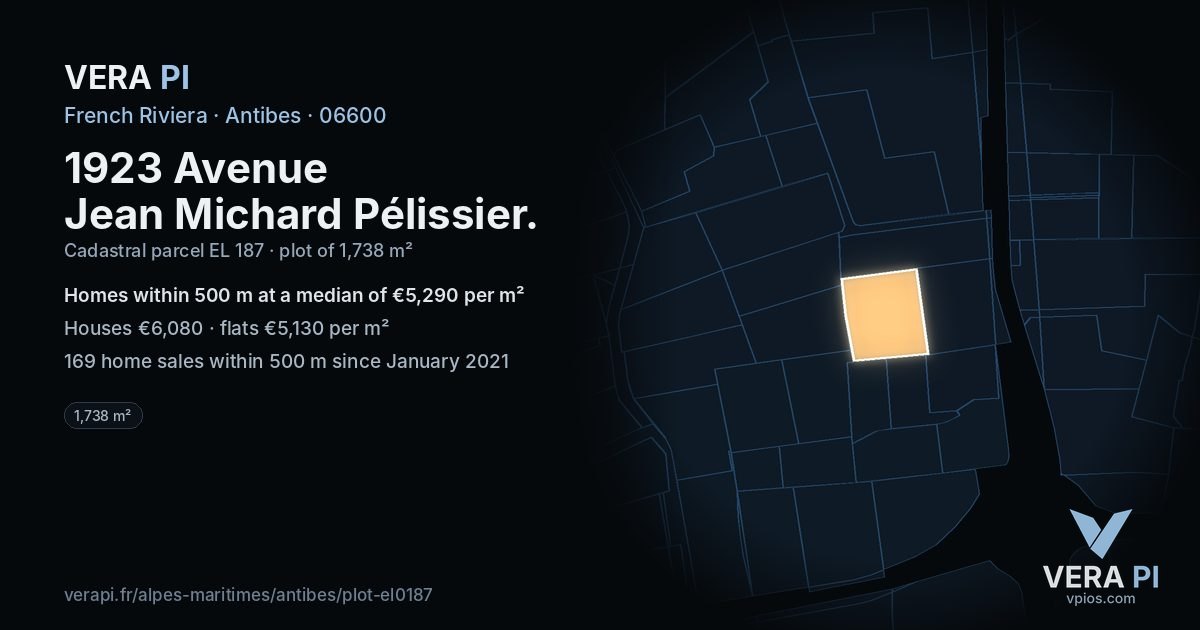 1923 Avenue Jean Michard Pélissier, Antibes at night – the plot lit, the parcels around coloured by the prices near them
