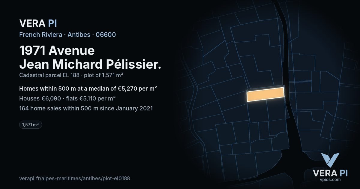 1971 Avenue Jean Michard Pélissier, Antibes at night – the plot lit, the parcels around coloured by the prices near them
