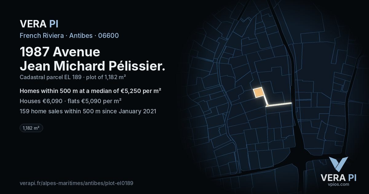 1987 Avenue Jean Michard Pélissier, Antibes at night – the plot lit, the parcels around coloured by the prices near them