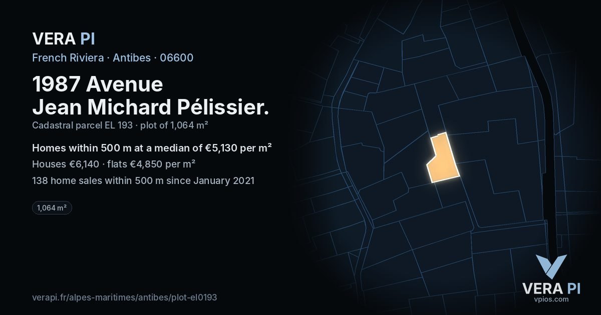 1987 Avenue Jean Michard Pélissier, Antibes at night – the plot lit, the parcels around coloured by the prices near them