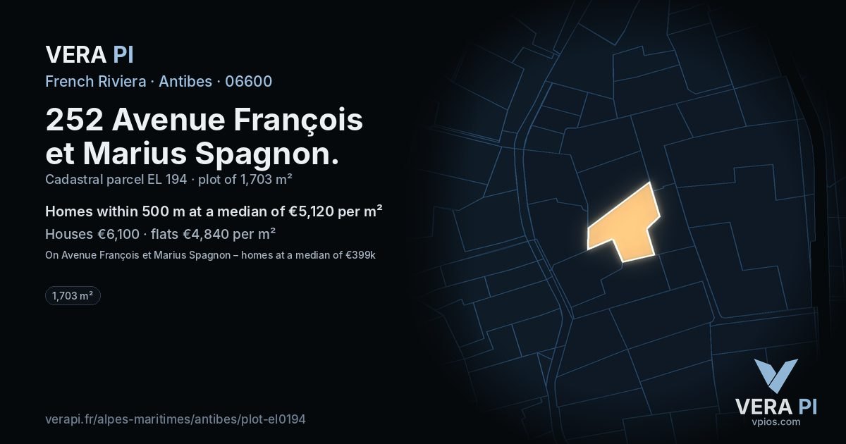 252 Avenue François et Marius Spagnon, Antibes at night – the plot lit, the parcels around coloured by the prices near them