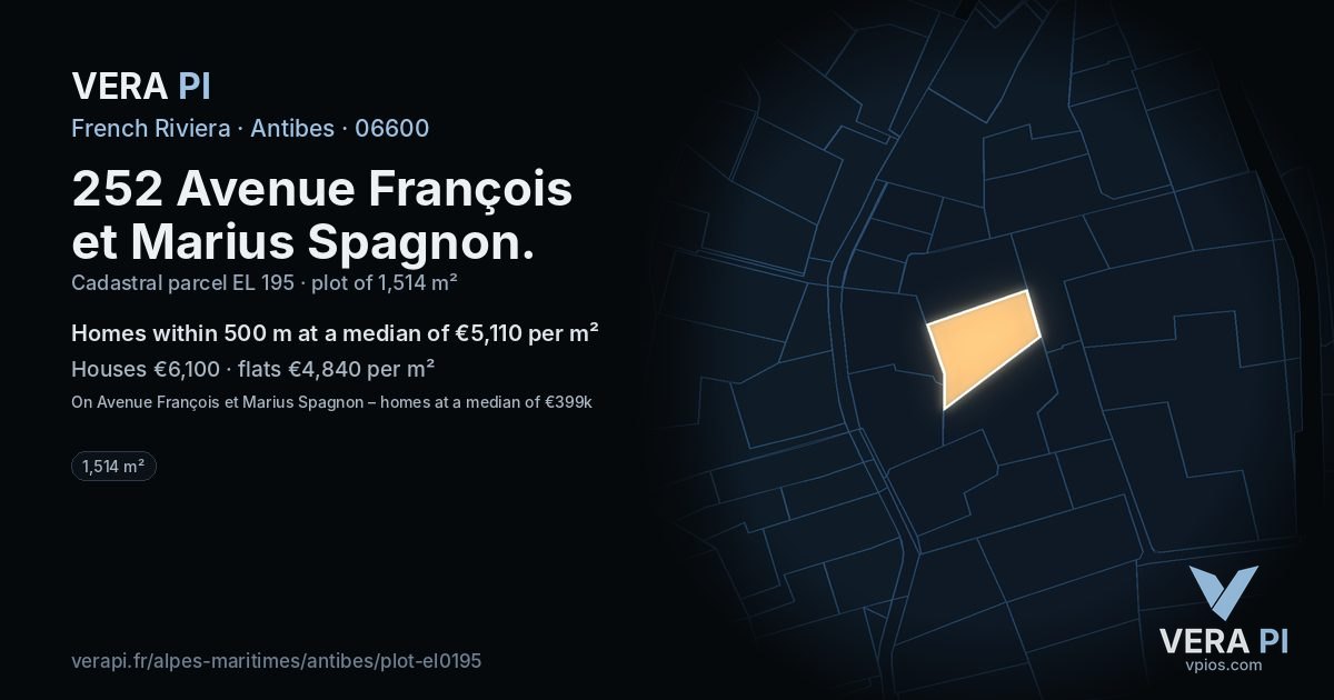 252 Avenue François et Marius Spagnon, Antibes at night – the plot lit, the parcels around coloured by the prices near them