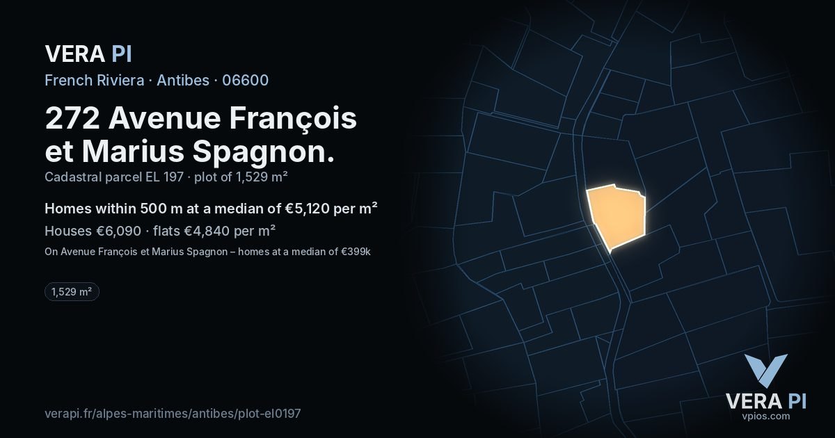 272 Avenue François et Marius Spagnon, Antibes at night – the plot lit, the parcels around coloured by the prices near them