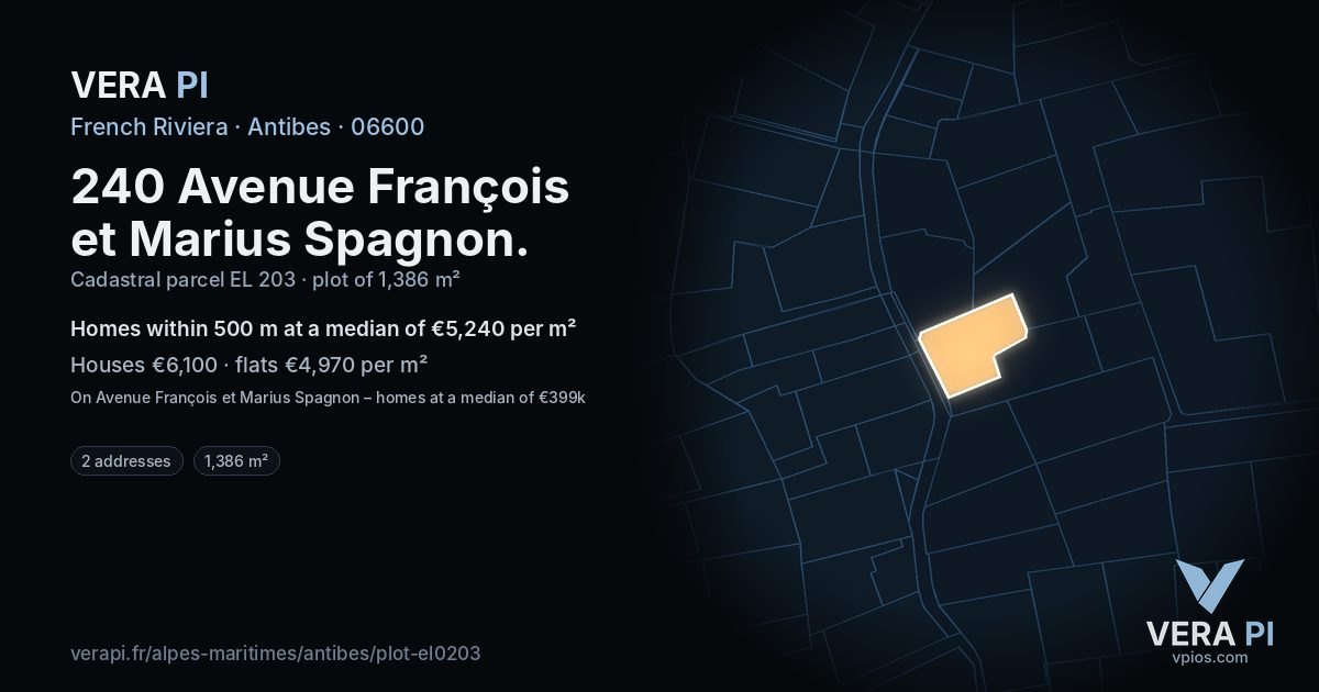 240 Avenue François et Marius Spagnon, Antibes at night – the plot lit, the parcels around coloured by the prices near them