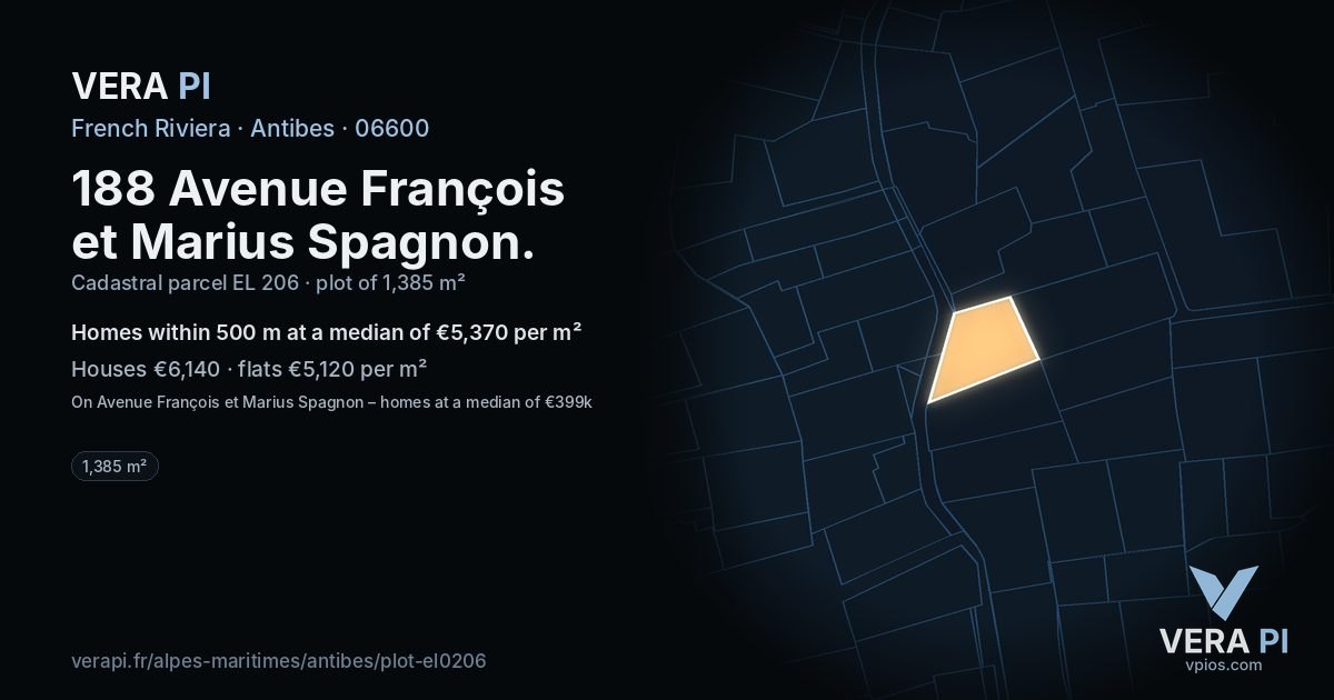 188 Avenue François et Marius Spagnon, Antibes at night – the plot lit, the parcels around coloured by the prices near them