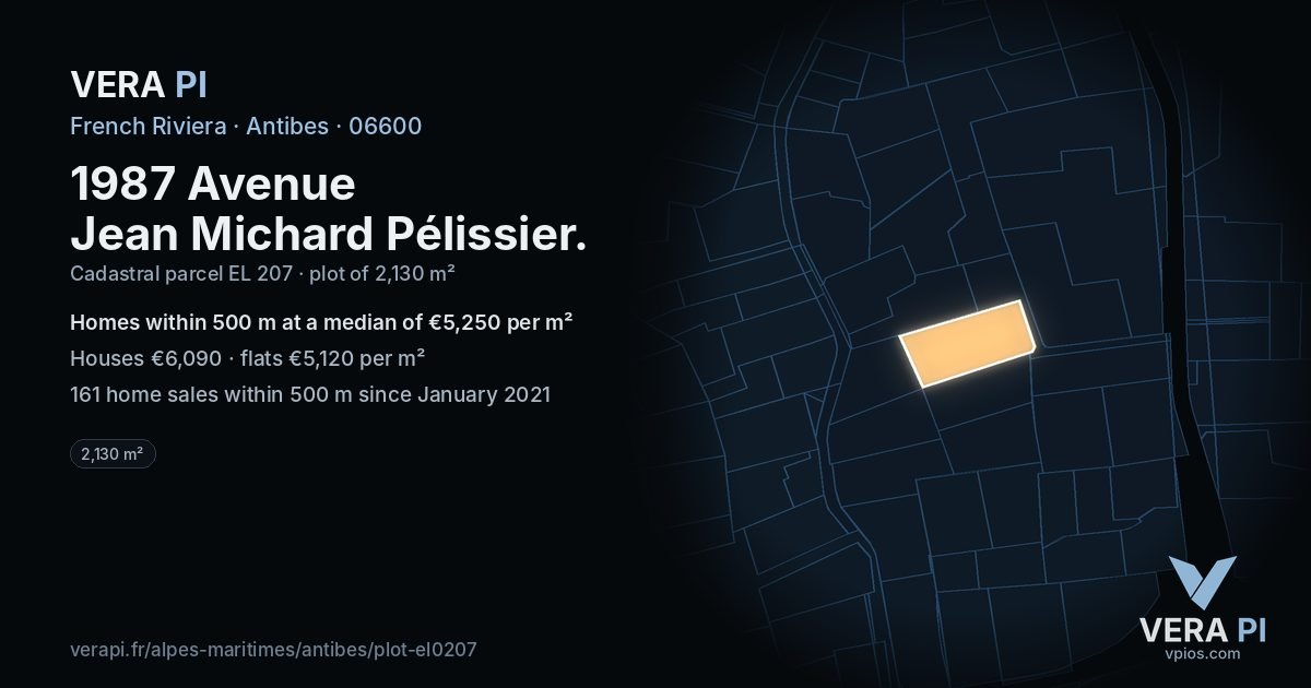 1987 Avenue Jean Michard Pélissier, Antibes at night – the plot lit, the parcels around coloured by the prices near them