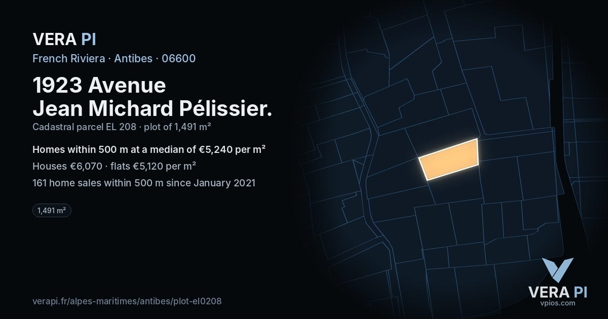 1923 Avenue Jean Michard Pélissier, Antibes at night – the plot lit, the parcels around coloured by the prices near them