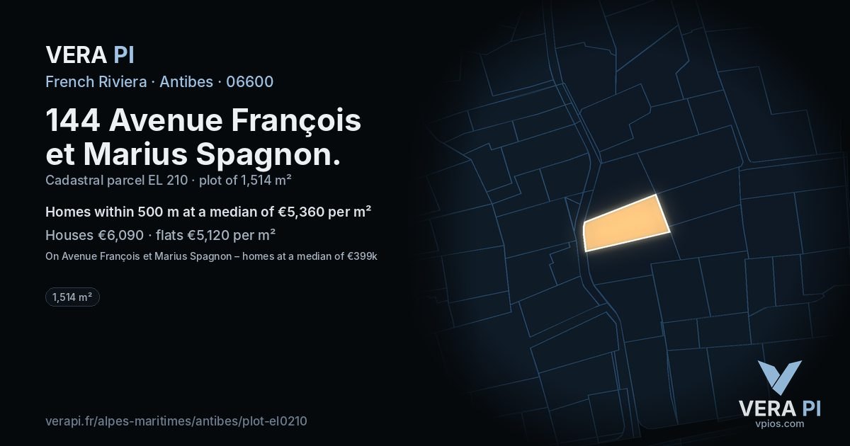 144 Avenue François et Marius Spagnon, Antibes at night – the plot lit, the parcels around coloured by the prices near them