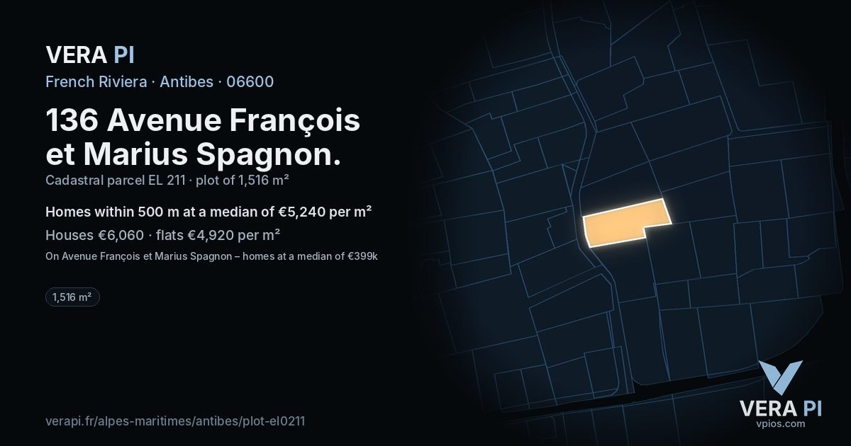 136 Avenue François et Marius Spagnon, Antibes at night – the plot lit, the parcels around coloured by the prices near them