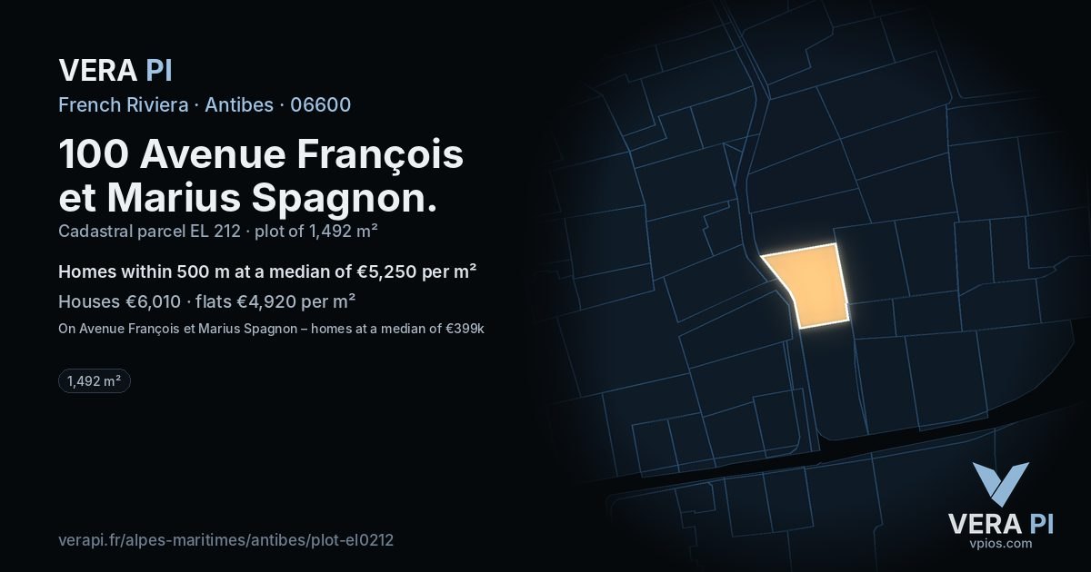 100 Avenue François et Marius Spagnon, Antibes at night – the plot lit, the parcels around coloured by the prices near them