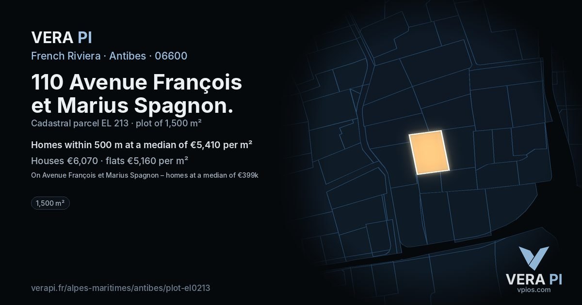 110 Avenue François et Marius Spagnon, Antibes at night – the plot lit, the parcels around coloured by the prices near them