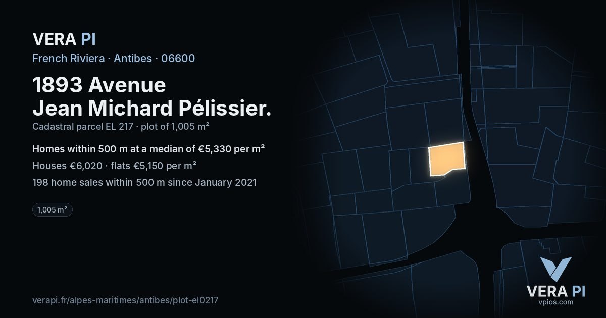 1893 Avenue Jean Michard Pélissier, Antibes at night – the plot lit, the parcels around coloured by the prices near them