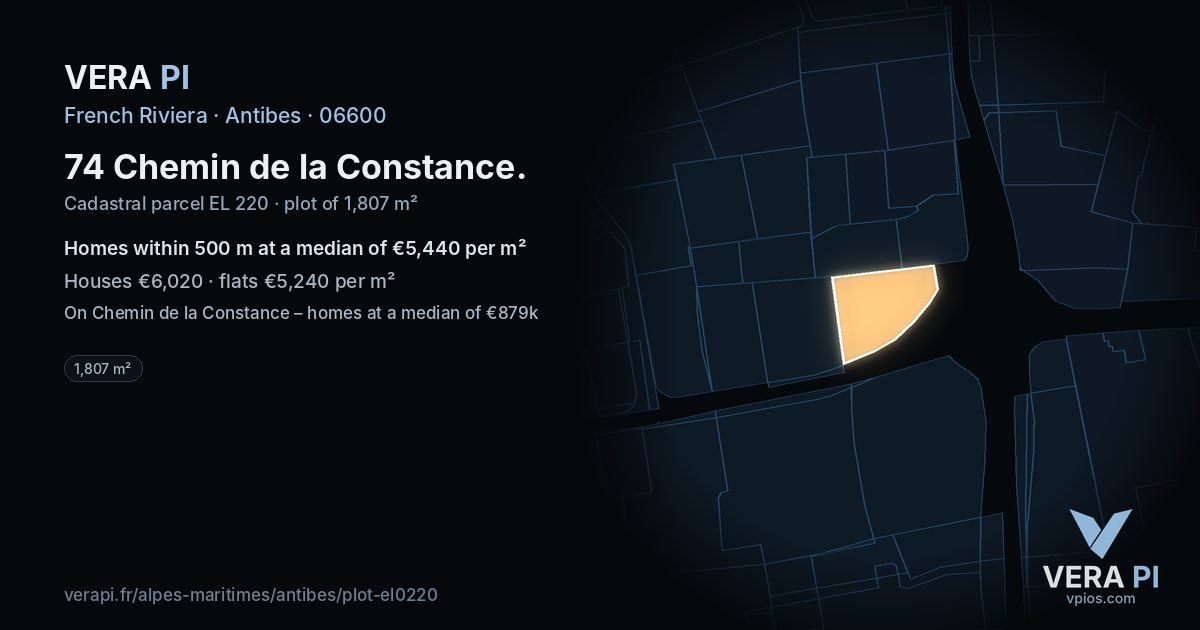 74 Chemin de la Constance, Antibes at night – the plot lit, the parcels around coloured by the prices near them