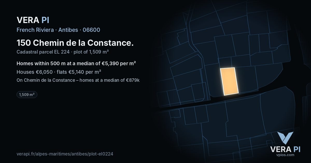 150 Chemin de la Constance, Antibes at night – the plot lit, the parcels around coloured by the prices near them