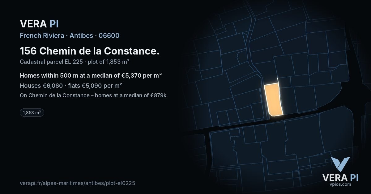 156 Chemin de la Constance, Antibes at night – the plot lit, the parcels around coloured by the prices near them