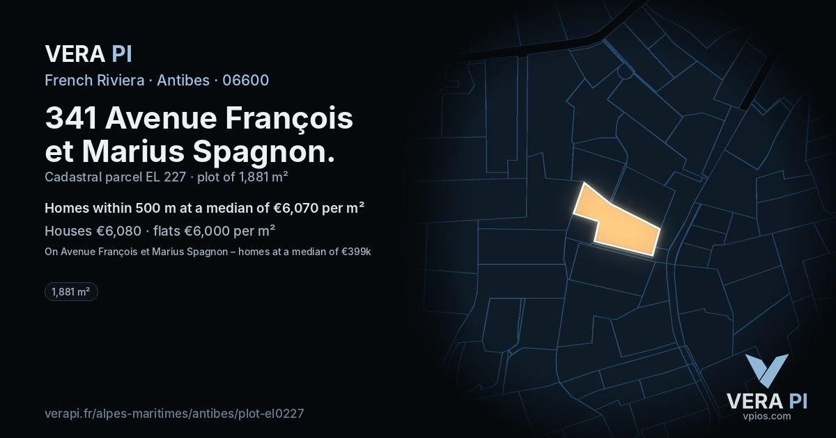 341 Avenue François et Marius Spagnon, Antibes at night – the plot lit, the parcels around coloured by the prices near them