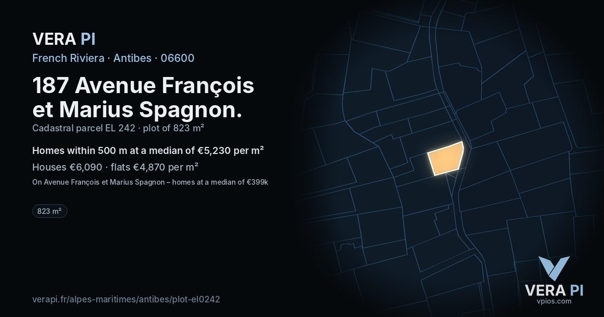 187 Avenue François et Marius Spagnon, Antibes at night – the plot lit, the parcels around coloured by the prices near them