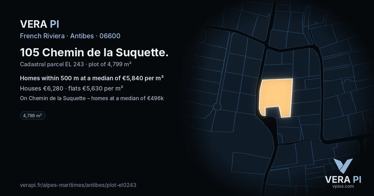 105 Chemin de la Suquette, Antibes at night – the plot lit, the parcels around coloured by the prices near them