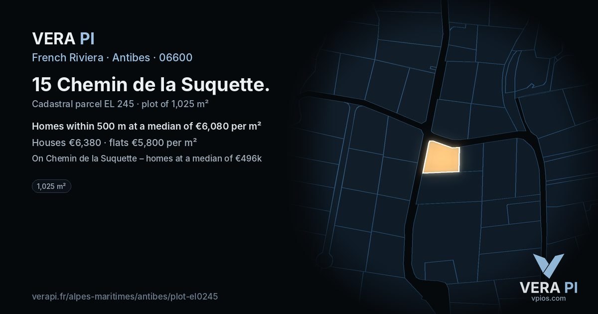 15 Chemin de la Suquette, Antibes at night – the plot lit, the parcels around coloured by the prices near them