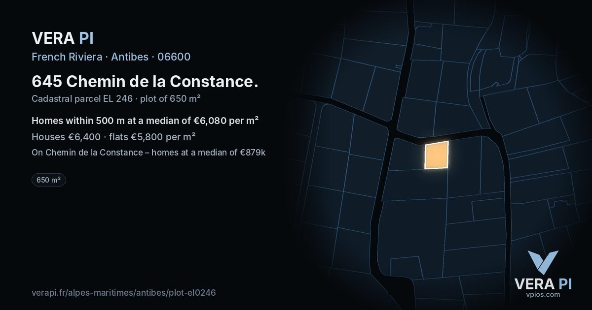 645 Chemin de la Constance, Antibes at night – the plot lit, the parcels around coloured by the prices near them