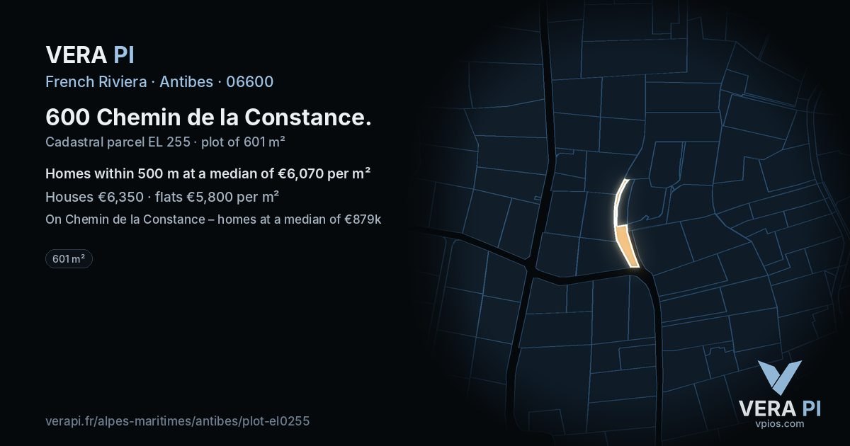 600 Chemin de la Constance, Antibes at night – the plot lit, the parcels around coloured by the prices near them