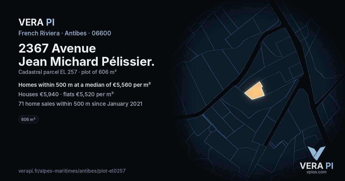 2367 Avenue Jean Michard Pélissier, Antibes at night – the plot lit, the parcels around coloured by the prices near them