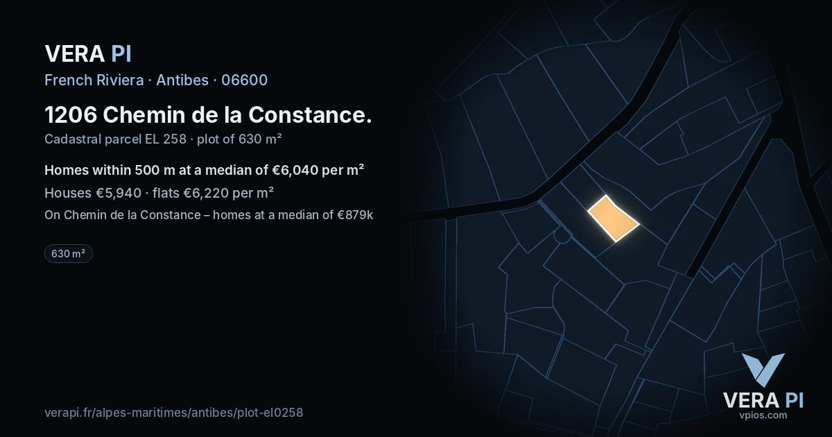1206 Chemin de la Constance, Antibes at night – the plot lit, the parcels around coloured by the prices near them