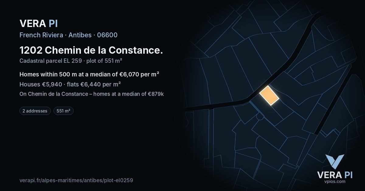 1202 Chemin de la Constance, Antibes at night – the plot lit, the parcels around coloured by the prices near them