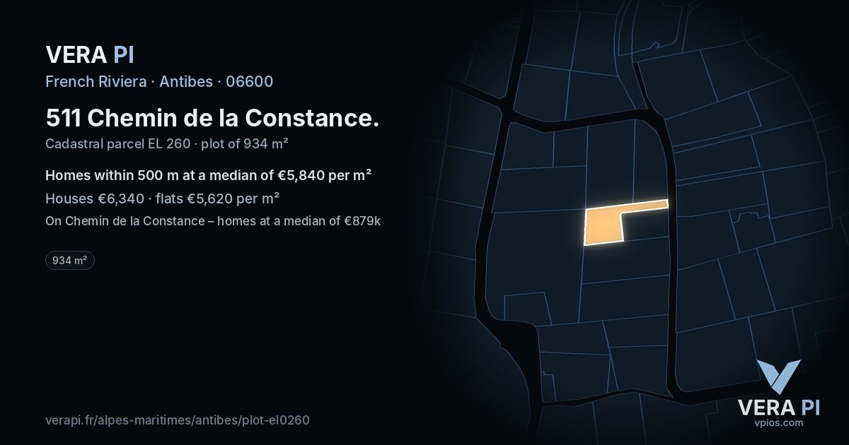 511 Chemin de la Constance, Antibes at night – the plot lit, the parcels around coloured by the prices near them
