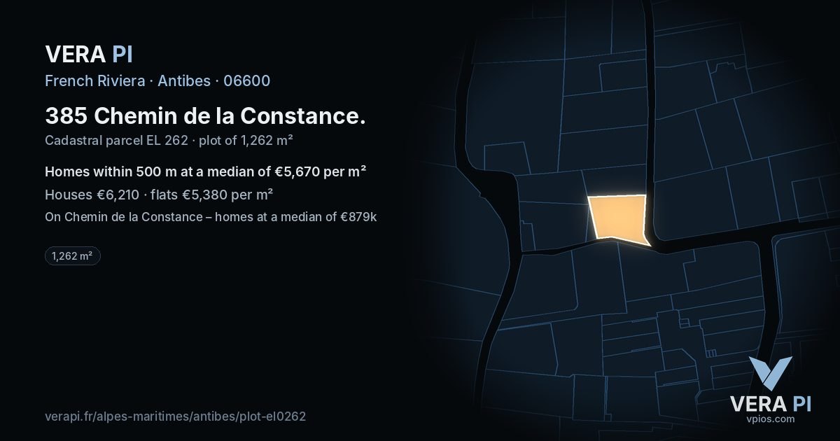385 Chemin de la Constance, Antibes at night – the plot lit, the parcels around coloured by the prices near them