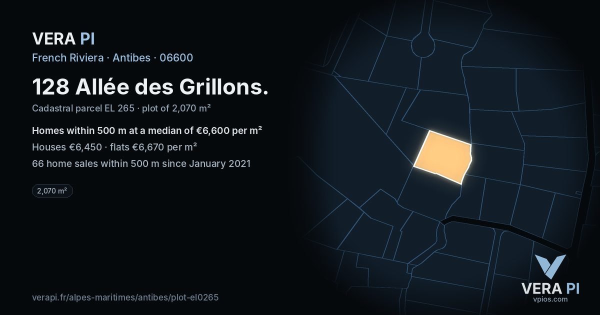 128 Allée des Grillons, Antibes at night – the plot lit, the parcels around coloured by the prices near them
