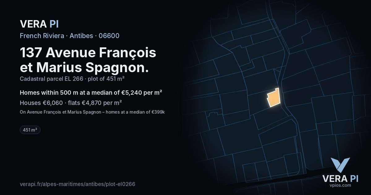 137 Avenue François et Marius Spagnon, Antibes at night – the plot lit, the parcels around coloured by the prices near them