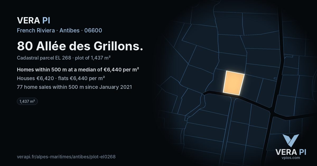 80 Allée des Grillons, Antibes at night – the plot lit, the parcels around coloured by the prices near them