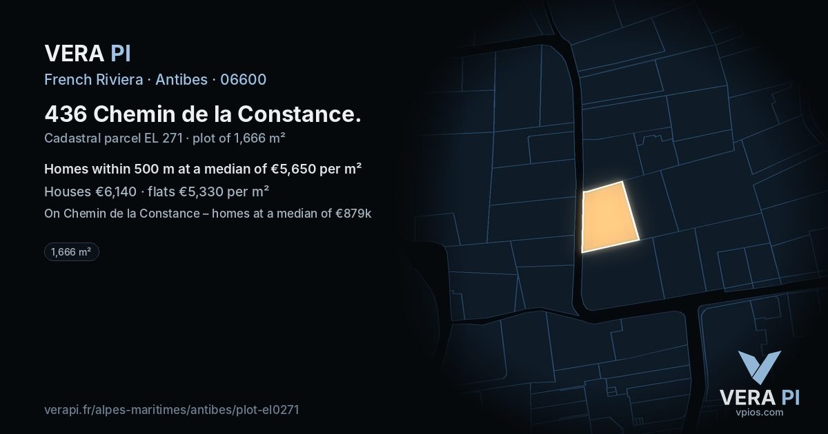 436 Chemin de la Constance, Antibes at night – the plot lit, the parcels around coloured by the prices near them