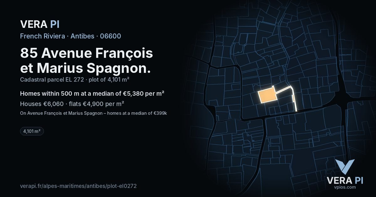 85 Avenue François et Marius Spagnon, Antibes at night – the plot lit, the parcels around coloured by the prices near them
